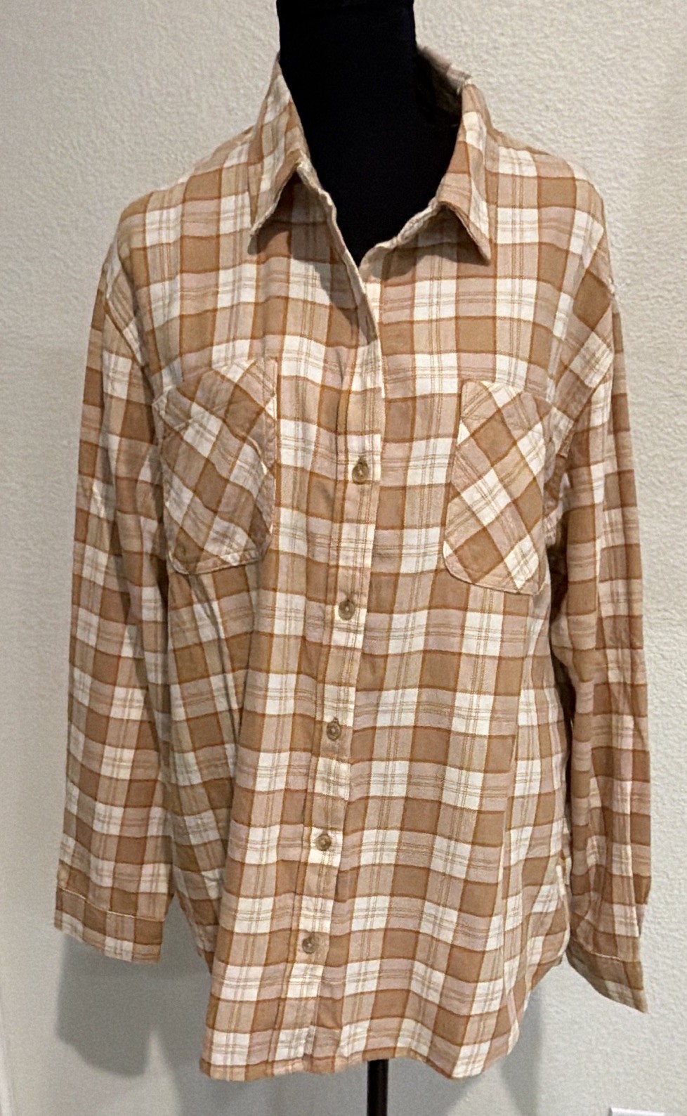 a.n.a Womens XL Brown White Plaid Flannel Button-Up Shirt NWT 100% Cotton