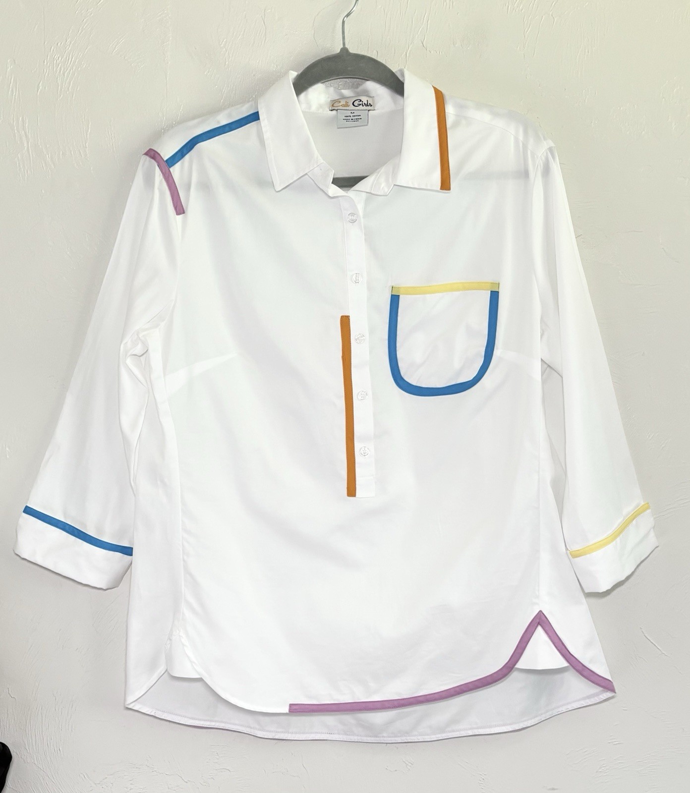 Cali Girls Sz M Rayon Colorblock 3/4 Sleeve Artsy Elevated Basic Popover Shirt