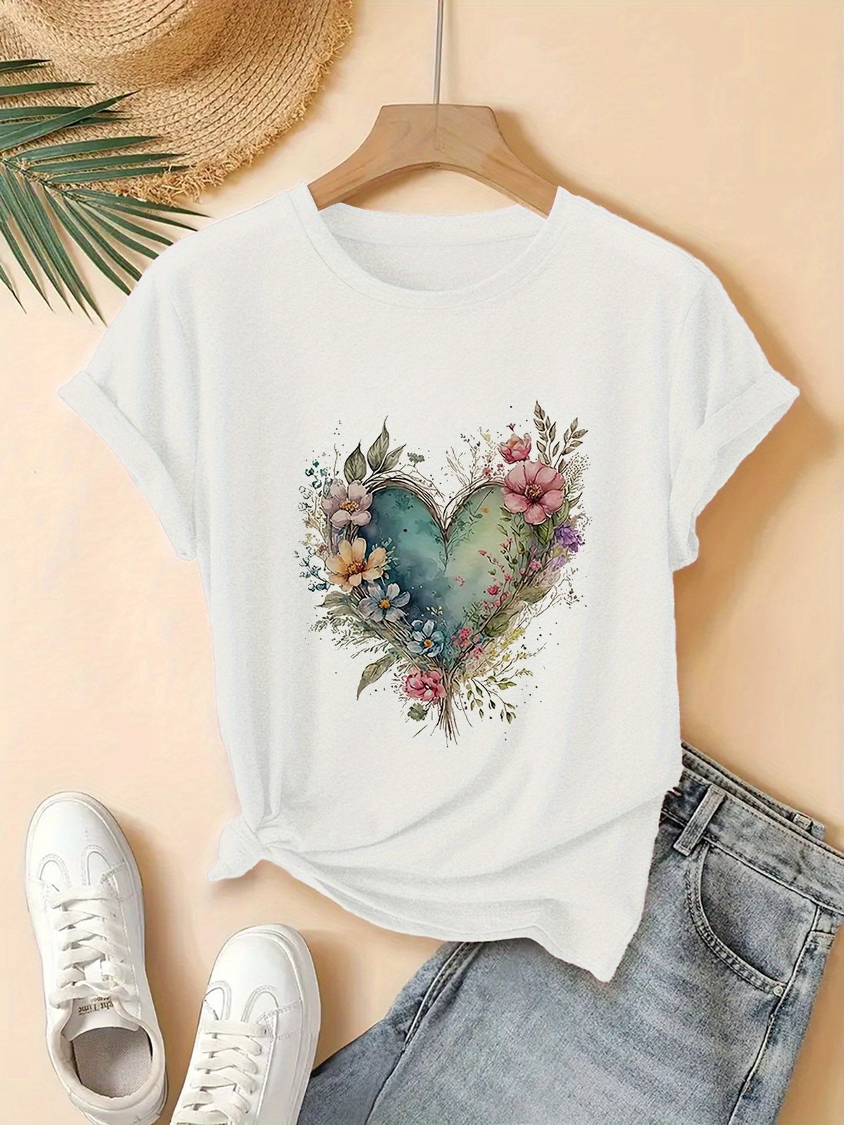 Casual Women Cotton Floral T-Shirt Short Sleeve Top Summer Flower Boho Fashion♮