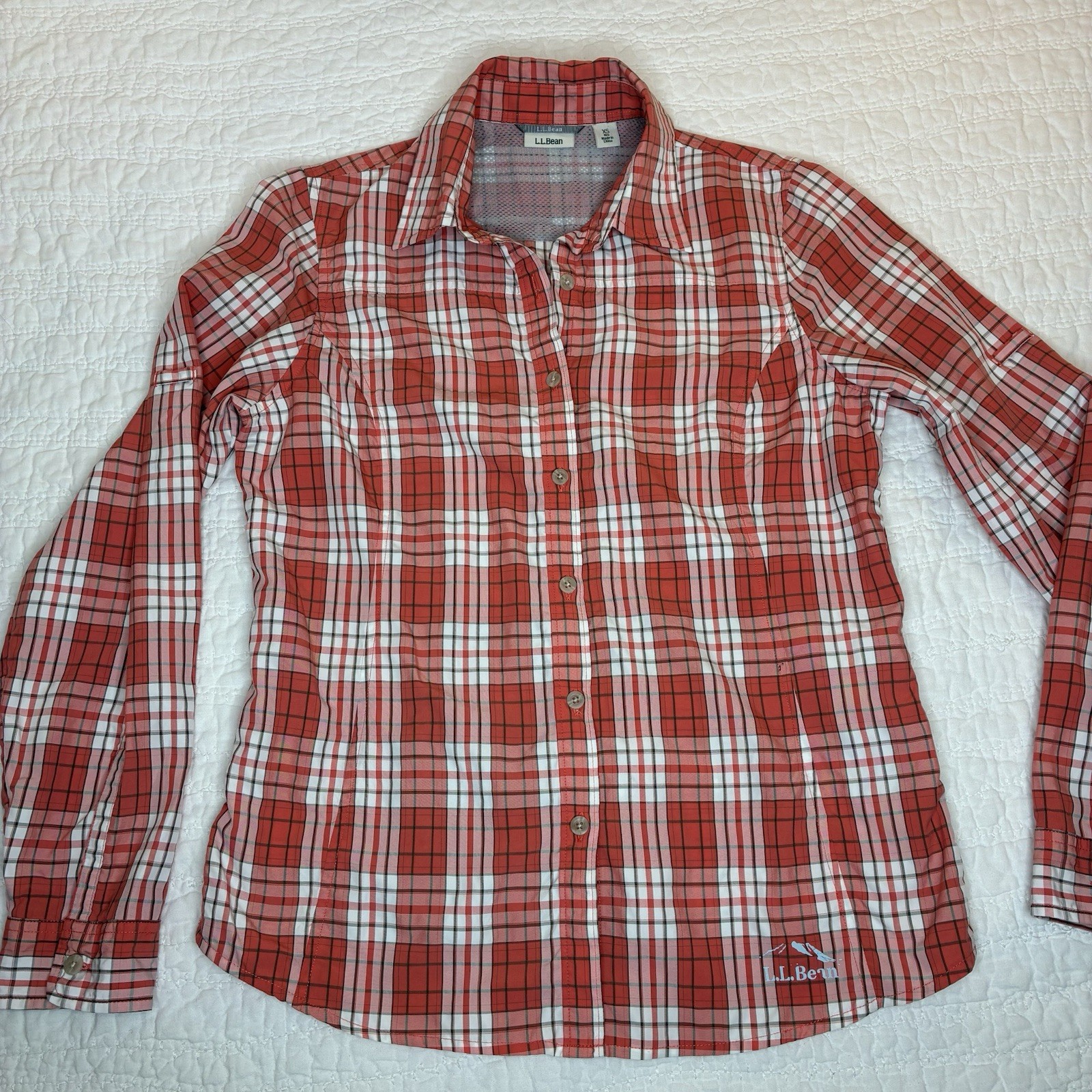 LL Bean Plaid Button Down Womens Shirt Sz XS Roll Tab Sleeve One Spot See Photo