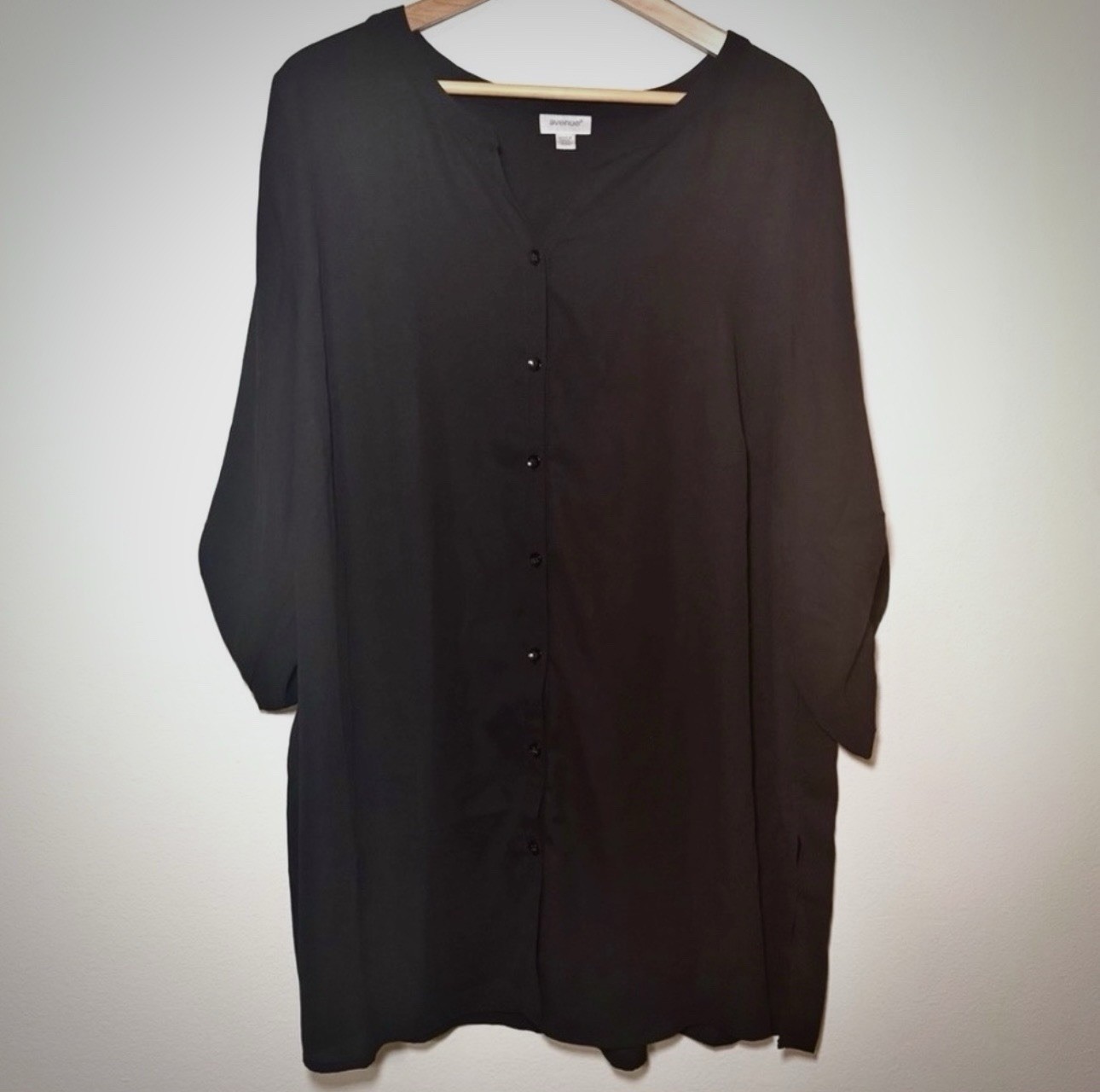 Avenue Black Tunic Blouse Womens 18 20 Plus Button Down Roll Tab Work Shirt
