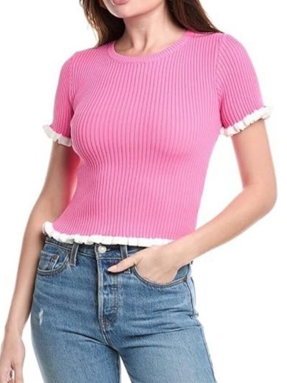 English Factory Ribbed Pink Knit Blouse With White Ruffle Trim Size Medium $75