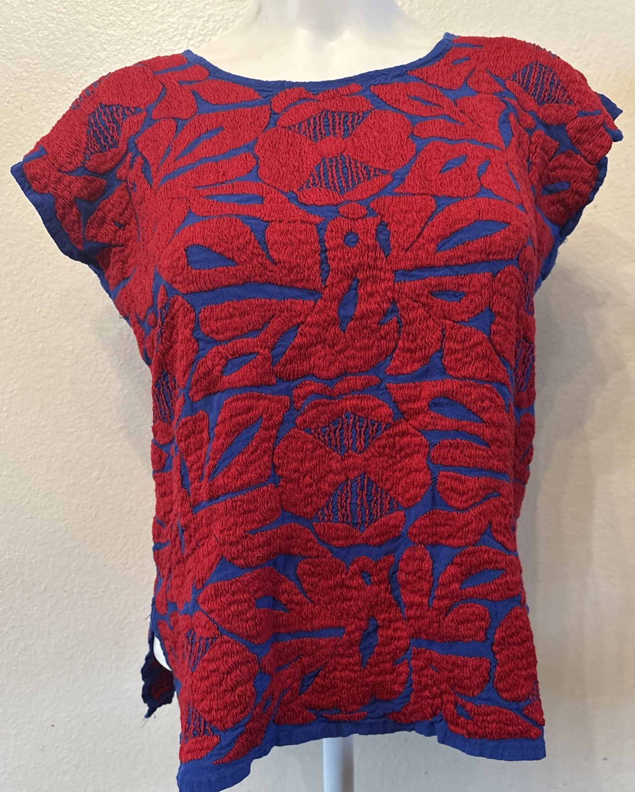 Vintage Womens XS / S Peasant Blouse Red Blue Handmade Embroidered Birds Flowers