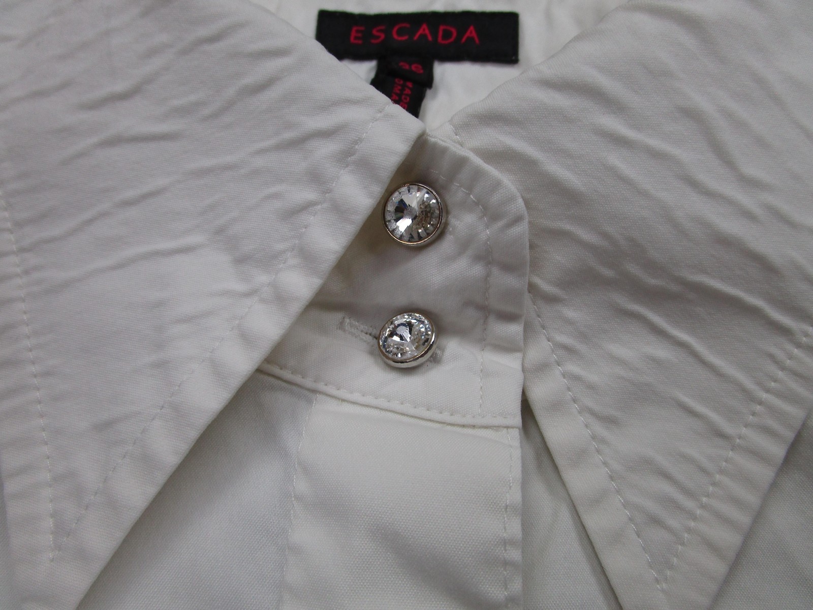 Escada Blouse Womens 36 White Stretch Button Front Rhinestone Cuffs Slim Fit