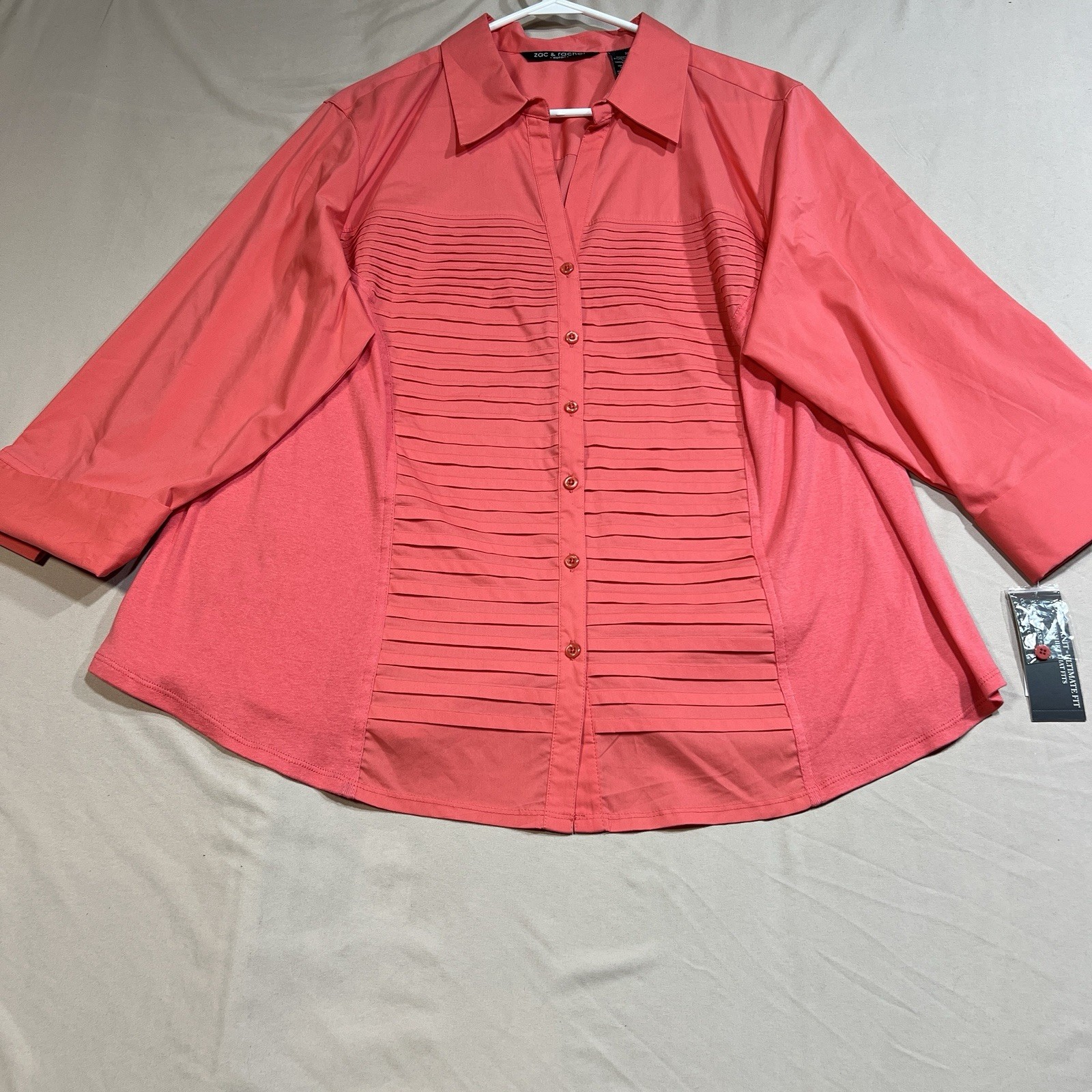 Zac & Rachel Woman 3X Blouse Top Coral Pink Red Pleated Front 3/4 Sleeve NWT