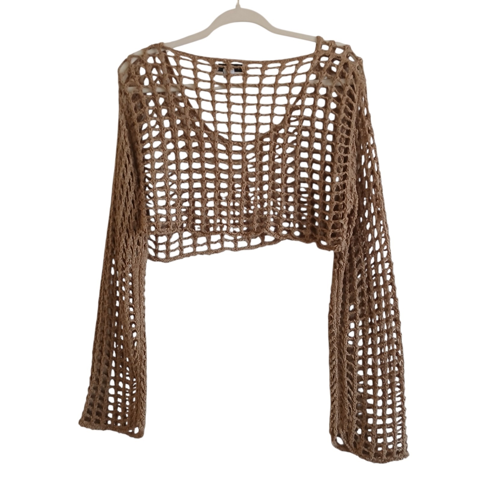 HYFVE Bell Sleeve Cropped Crochet Fisherman Net Top Women’s M Tan Open Knit