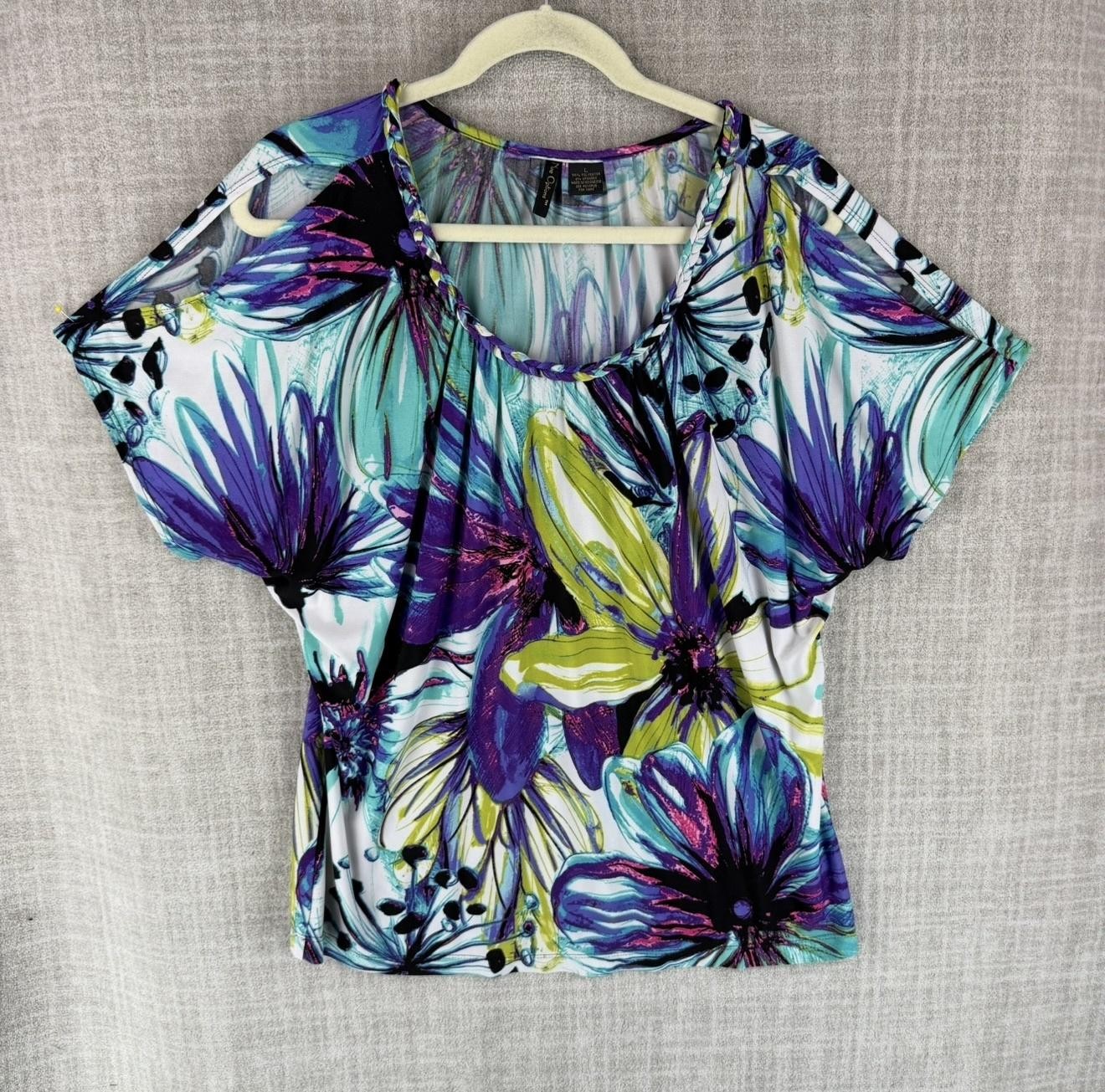 Nue Options Blouse Womens L Multicolor Floral Kimono Sleeve Stretch Lightweight