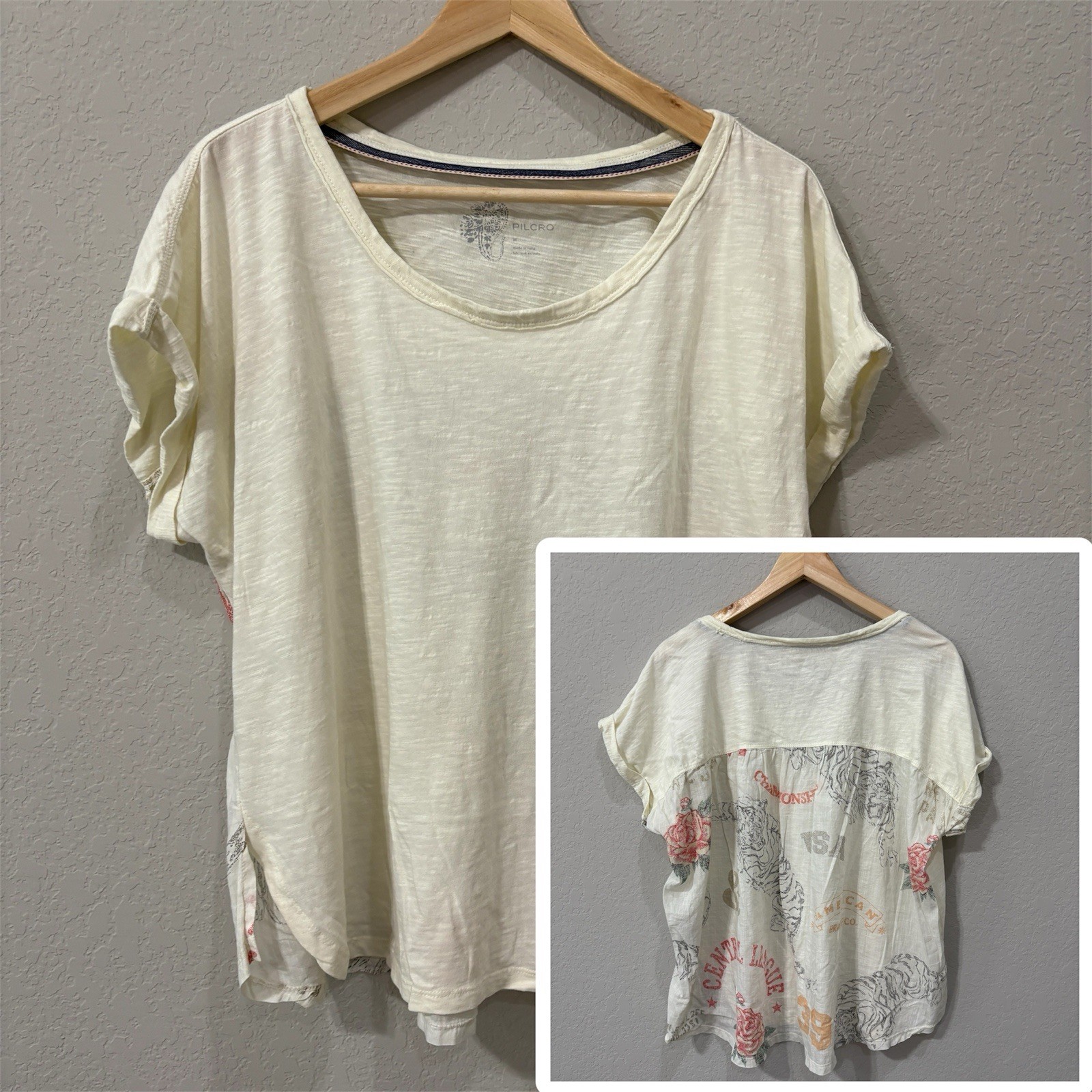 Pilcro Anthropologie Washed Cotton T-Shirt Medium Cream Slouchy Oversized Whimsy