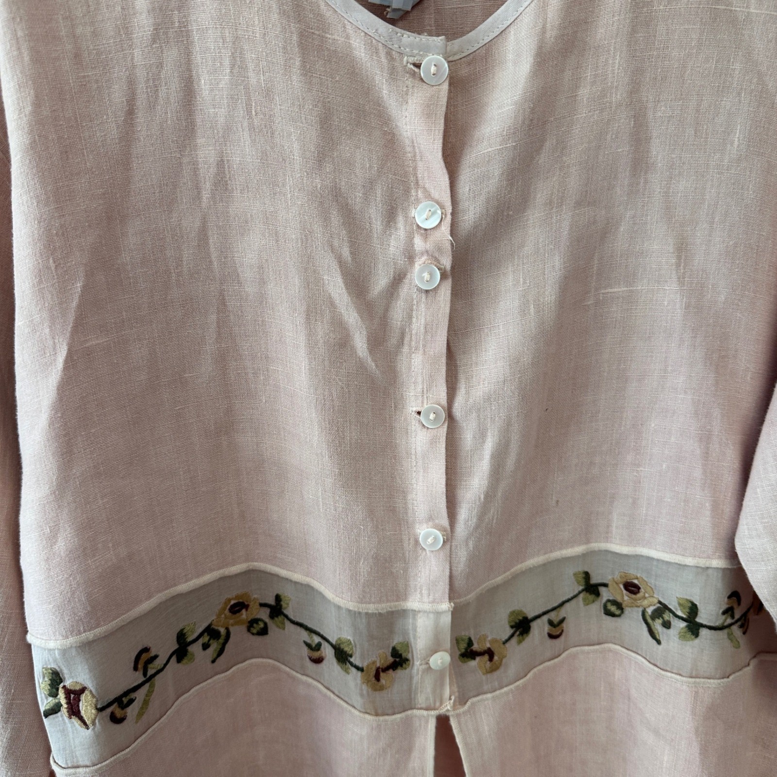 Nooshin Femme Tunic Blouse Women Size M Pink Linen Blend Floral Embroidered Mesh