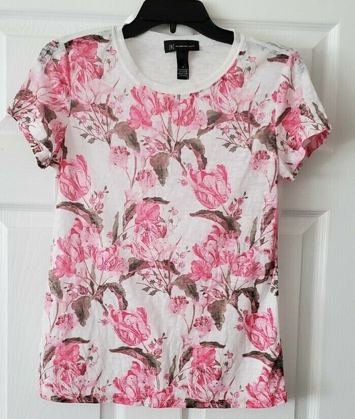 $59 NWT INC White Pink Womens Floral Rhinestone Tee T-Shirt Top Size S Small