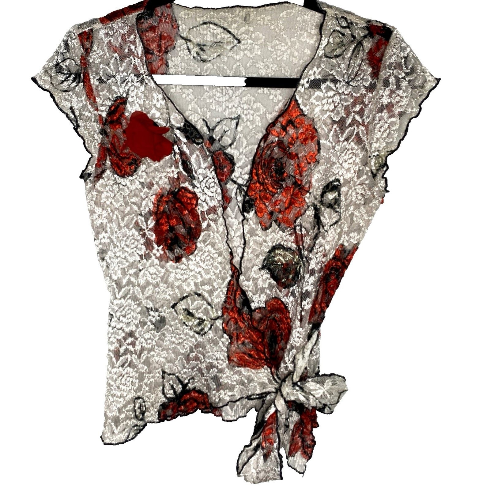 Floral Sheer Lace Wrap Blouse Womens S Stretch V-Neck Rockabilly Off White Red