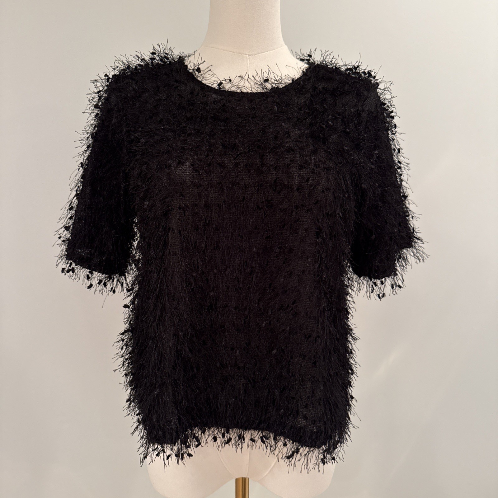 Wild Pony Women’s Size S Black Fur Like Short Sleeved Blouse