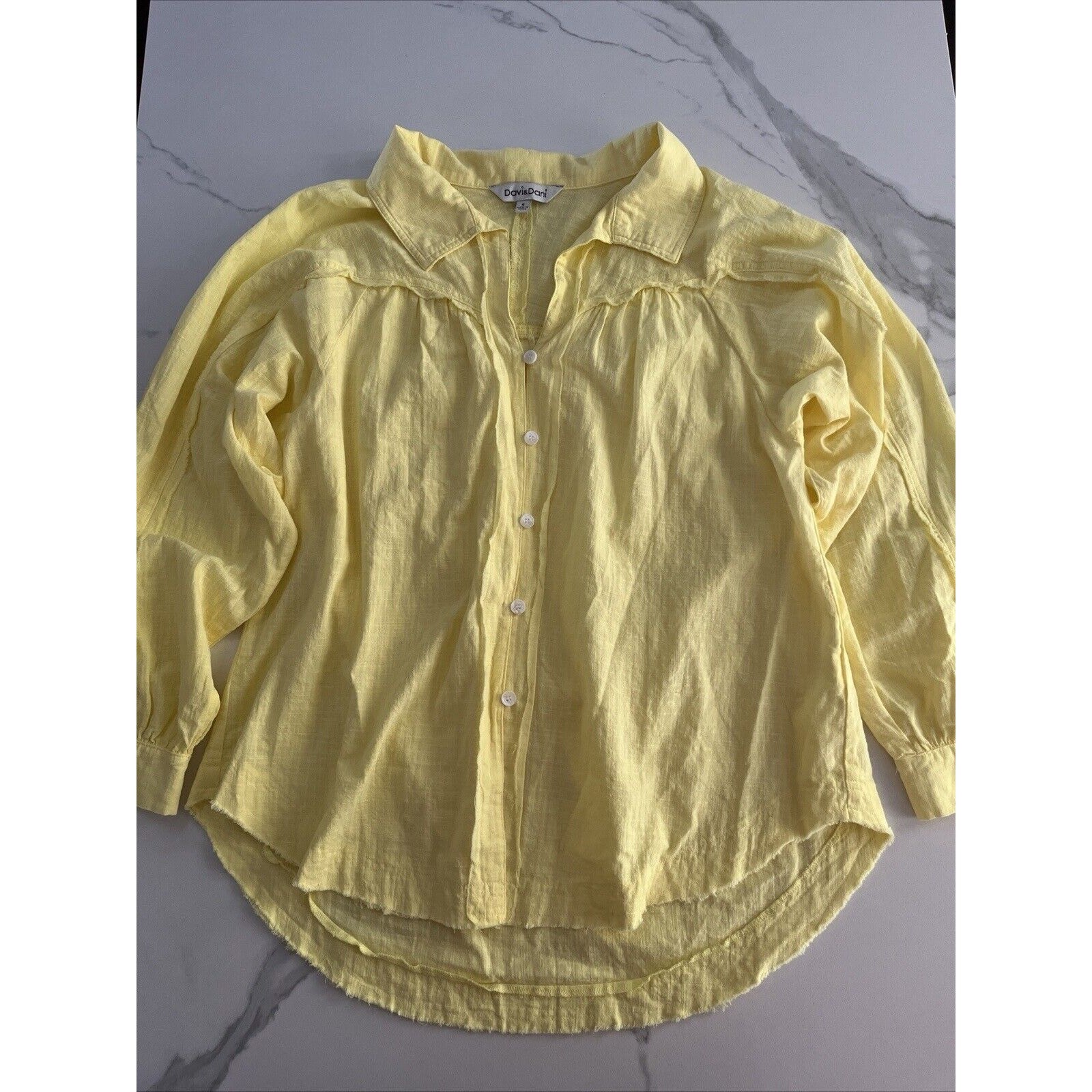 Davi & Dani Yellow Fringe Raw Hem Button Down Shirt Oversized Women’s size Small