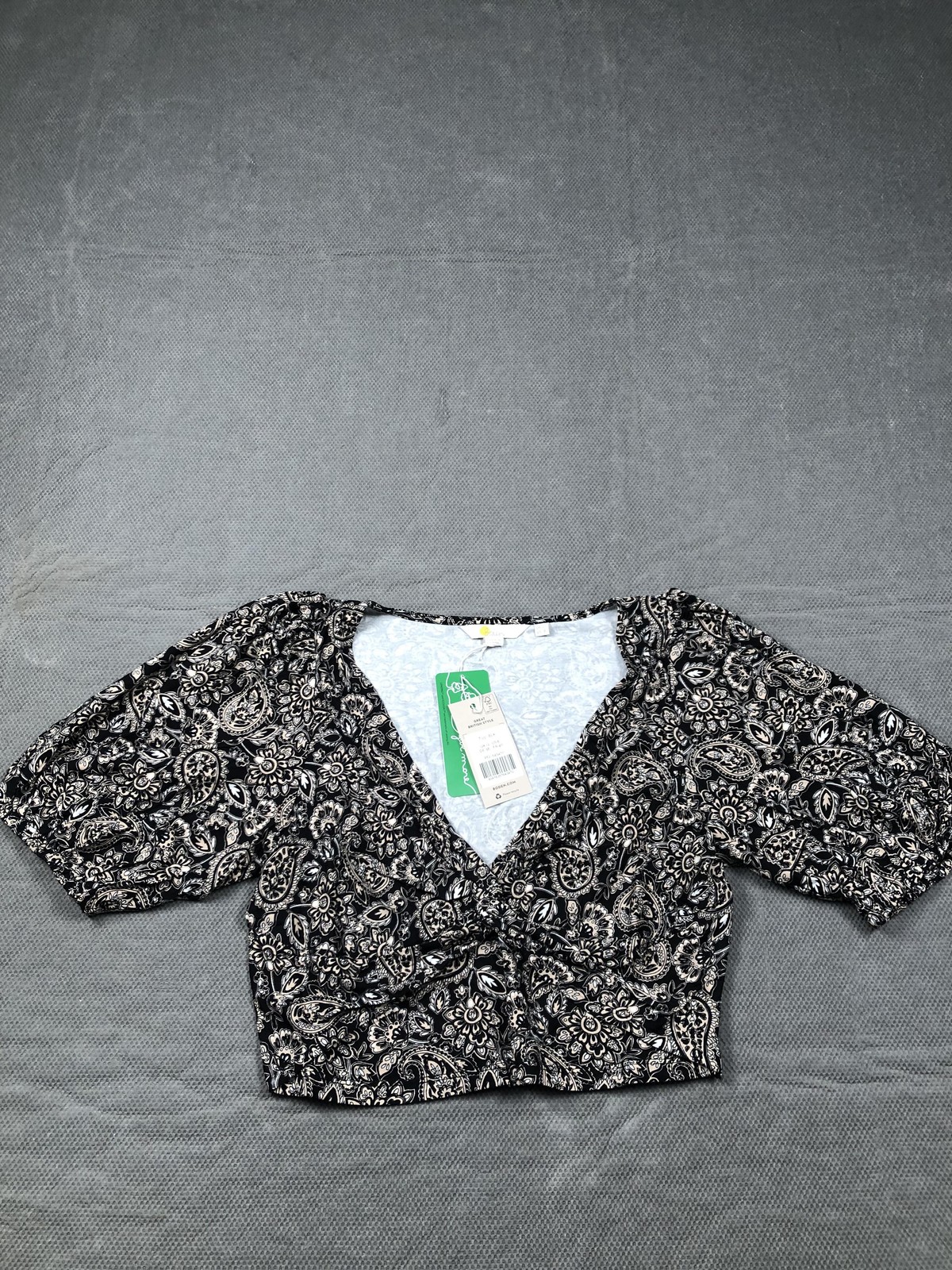 Boden Blouse Womens 8 Black V Neck Short Puff Sleeve Paisley Jersey Cropped NWT