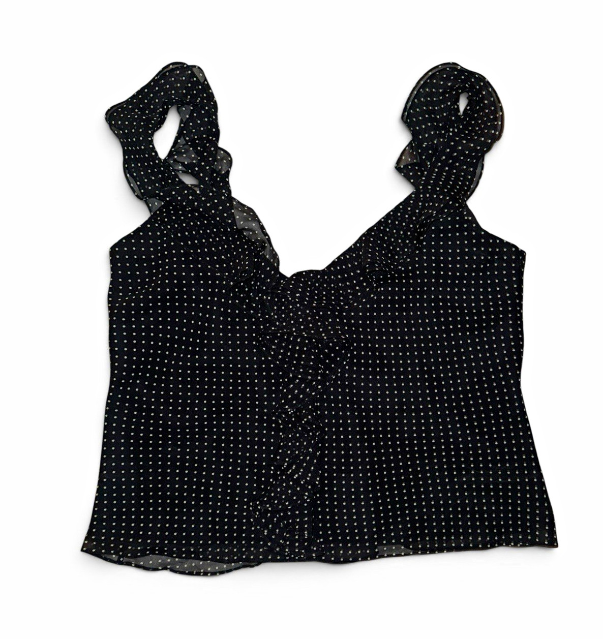 Lauren Ralph Lauren 12P Petite Black/White Polka Dot Ruffle V-Neck Cami Top