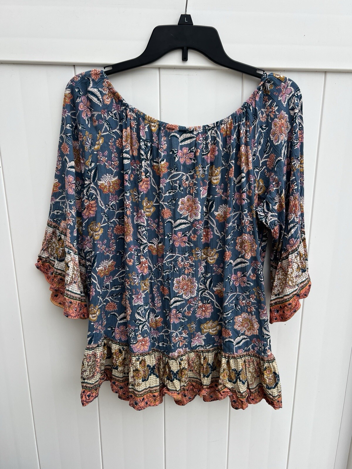 Bunulu Women’s Top Boho Off The Shoulder Floral Colorful Sz 1X Tassles