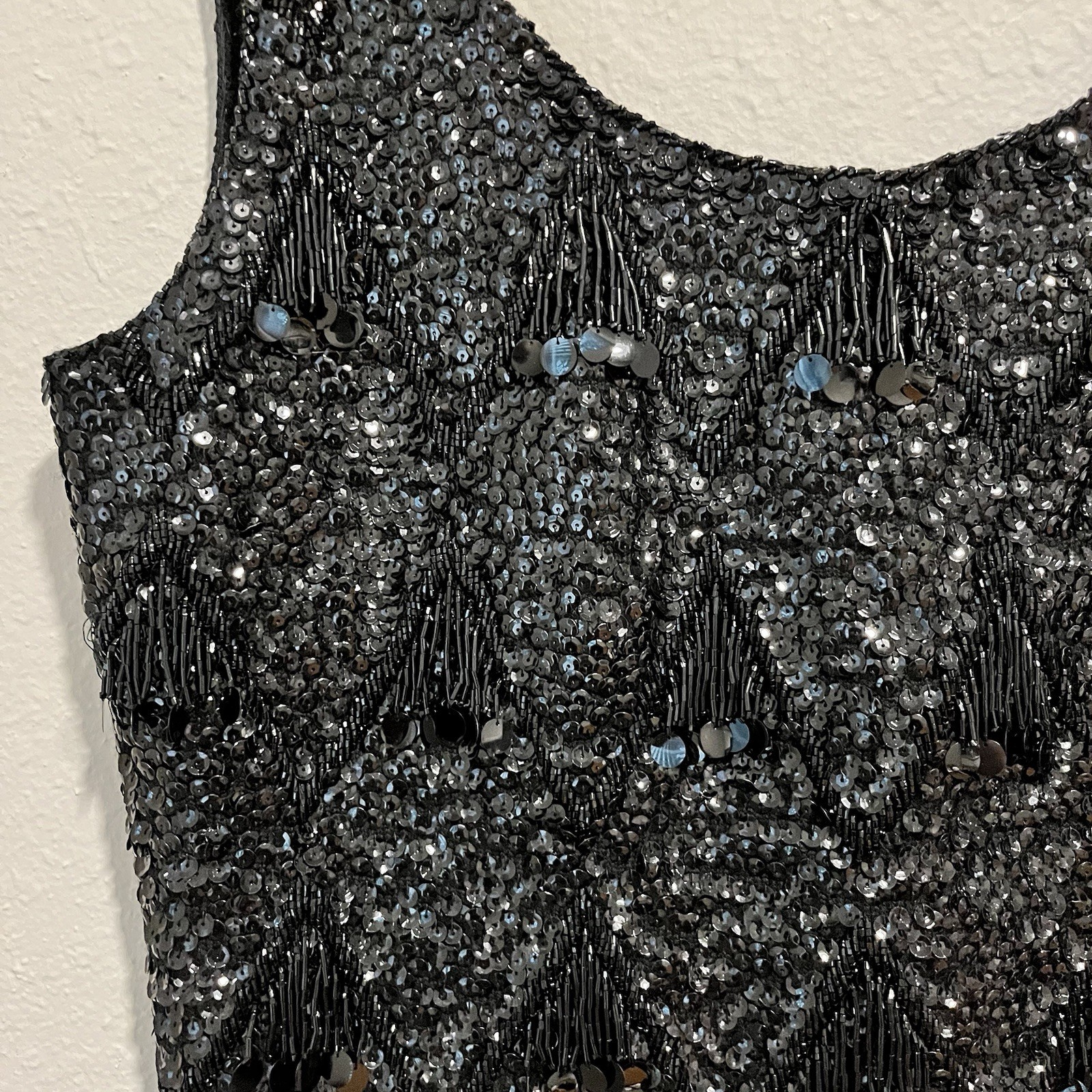 Vintage Jo Ro Imports Women’s Top Size L Beaded Sequin Fringe Black Pure Wool