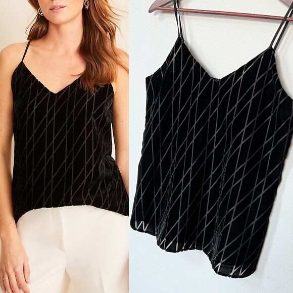 Ann Taylor Black Diamond Argyle Pattern Velvet Drapey Cami Top Small S $80 Lined