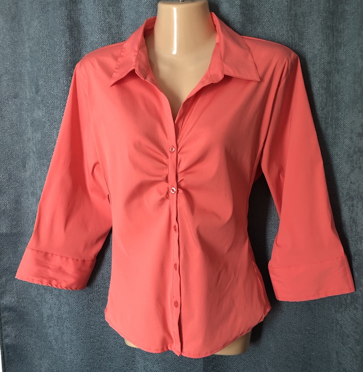 Easy Care Blouse Sz XL Peachy Pink 3/4 Sleeve Gathered Bust Button Down Stretch