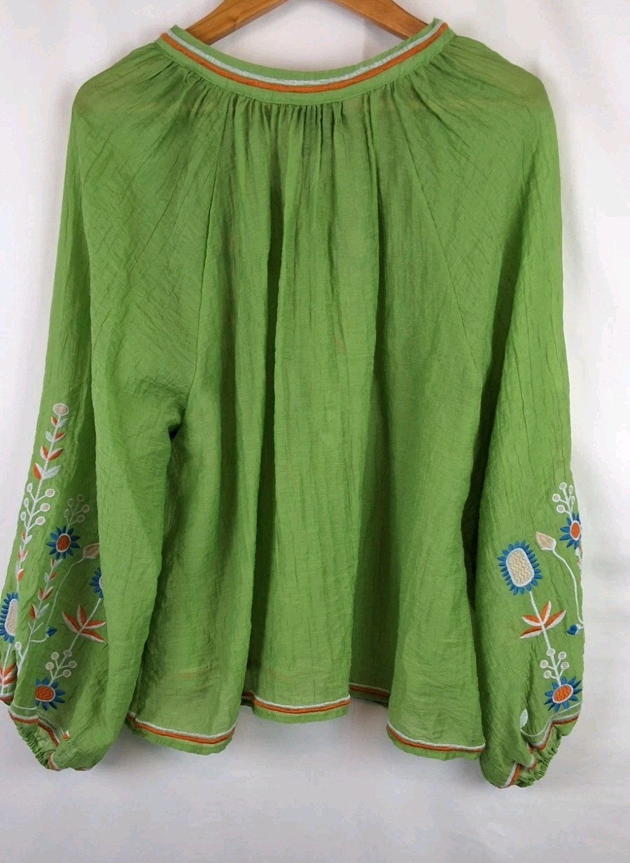Liv Los Angeles Embroidered Floral Blouse Sz-XL Puff Sleeve Crinkly Boho Peasant