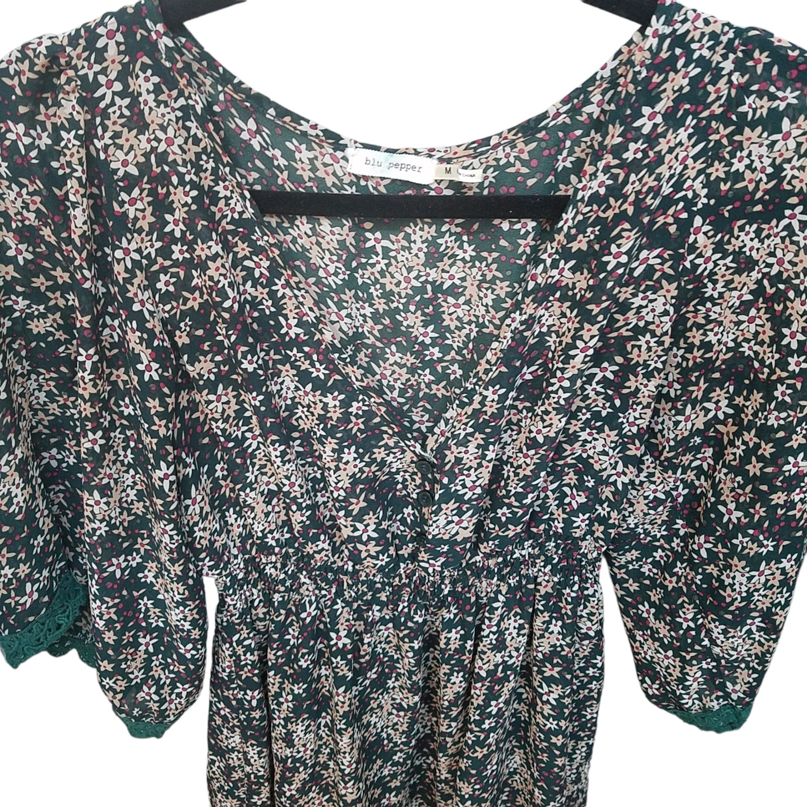 Blu Pepper Womens Sz M Green Floral Short Sleeve Long Blouse