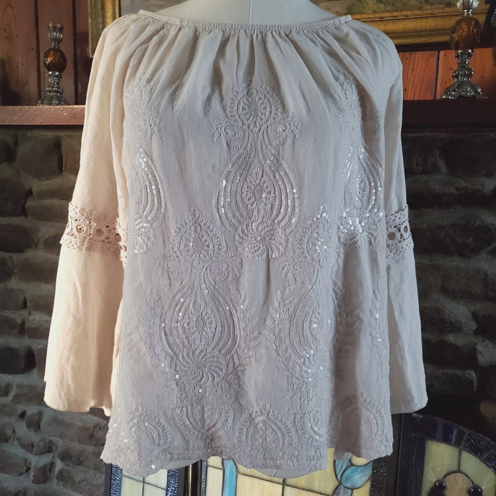 Kaktus Boho Peasant Blouse M Ivory Embroidered Sequin Bell Sleeve Cotton