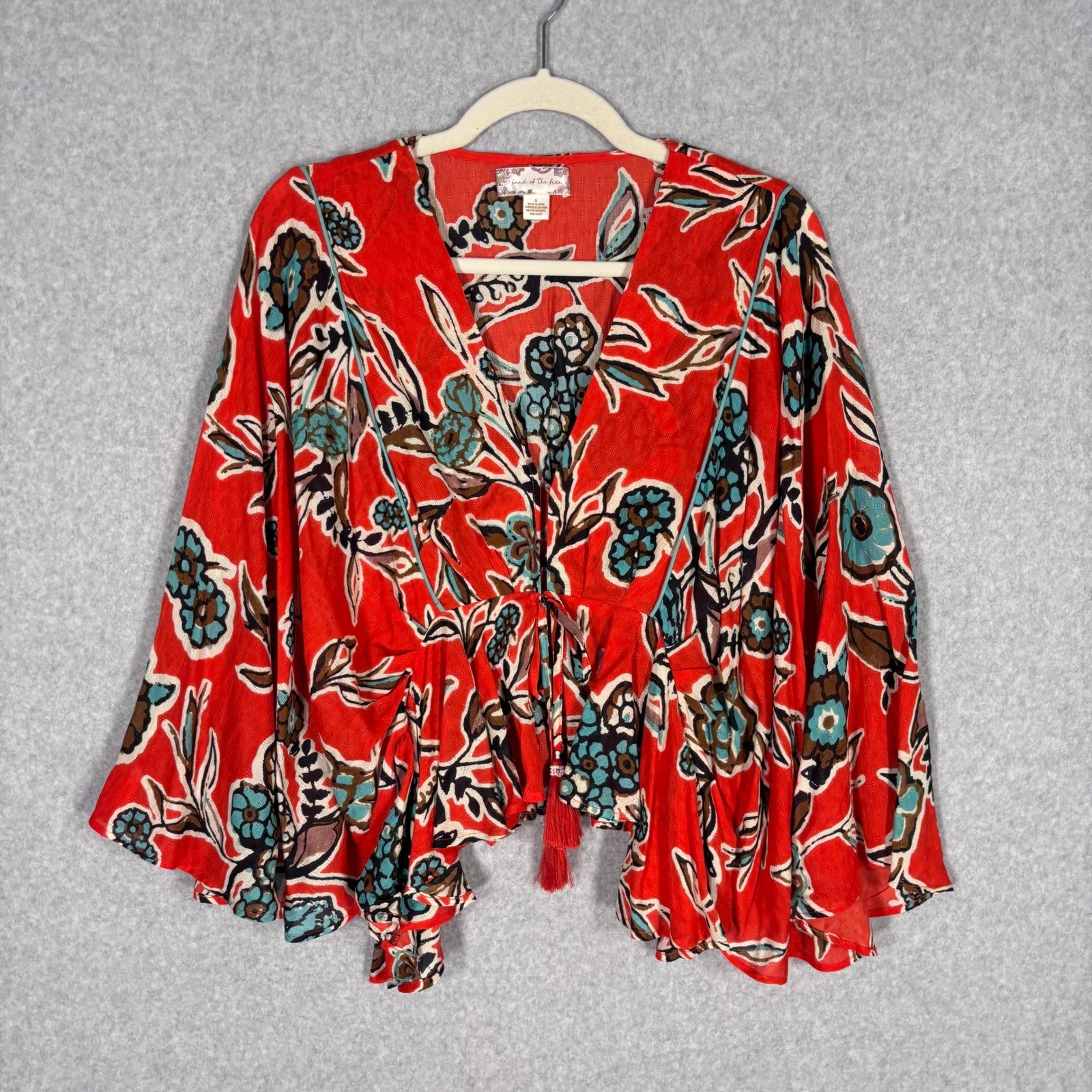 Band of the Free Kimono Top Small Red Floral Boho Bell Sleeve Tassel Tie Front