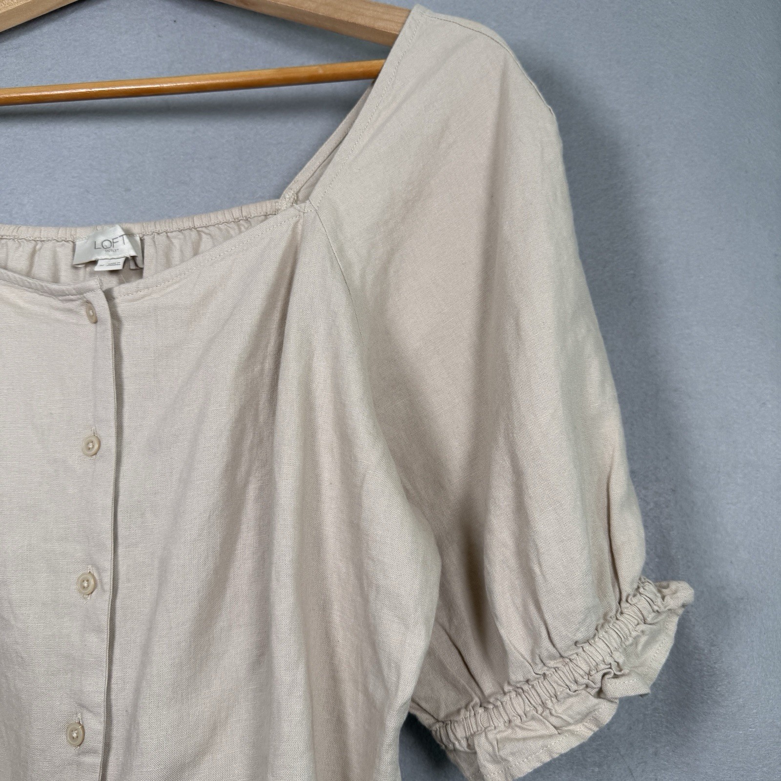 Peasant Top Boho Hippie Puff Sleeve Fitted Waist Beige Linen Blend Sz M