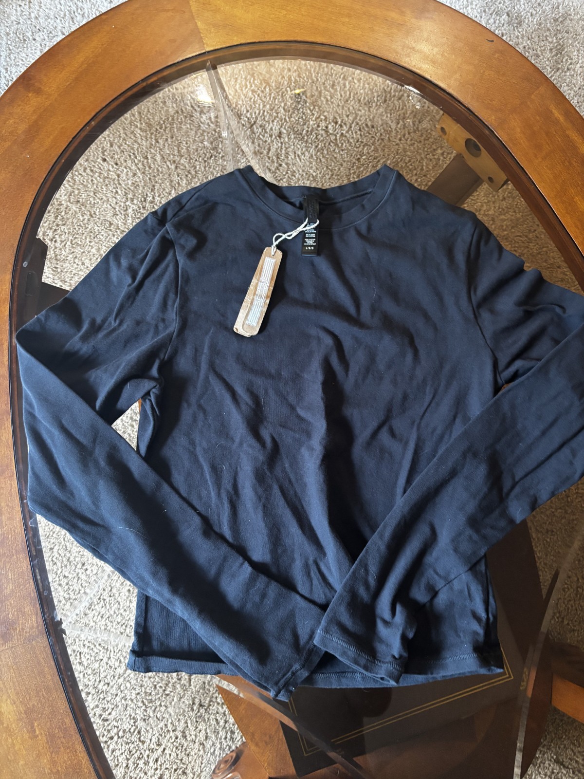 NWT SKIMS Long Sleeve Athletic Top Sz L Stretch Lightweight Crew Black