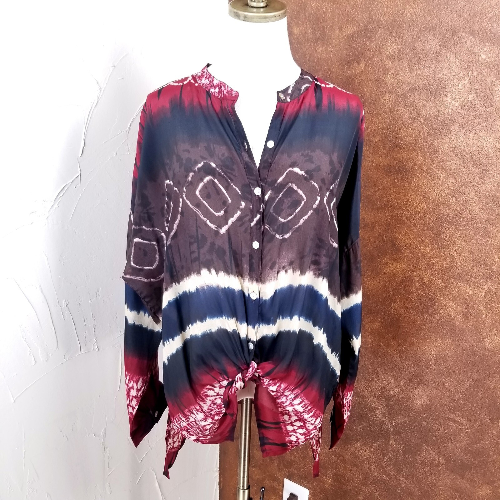 NWT Love Kyla Dahna Blouse Size S Red Brown Tie Dye Button Down Tie Waist