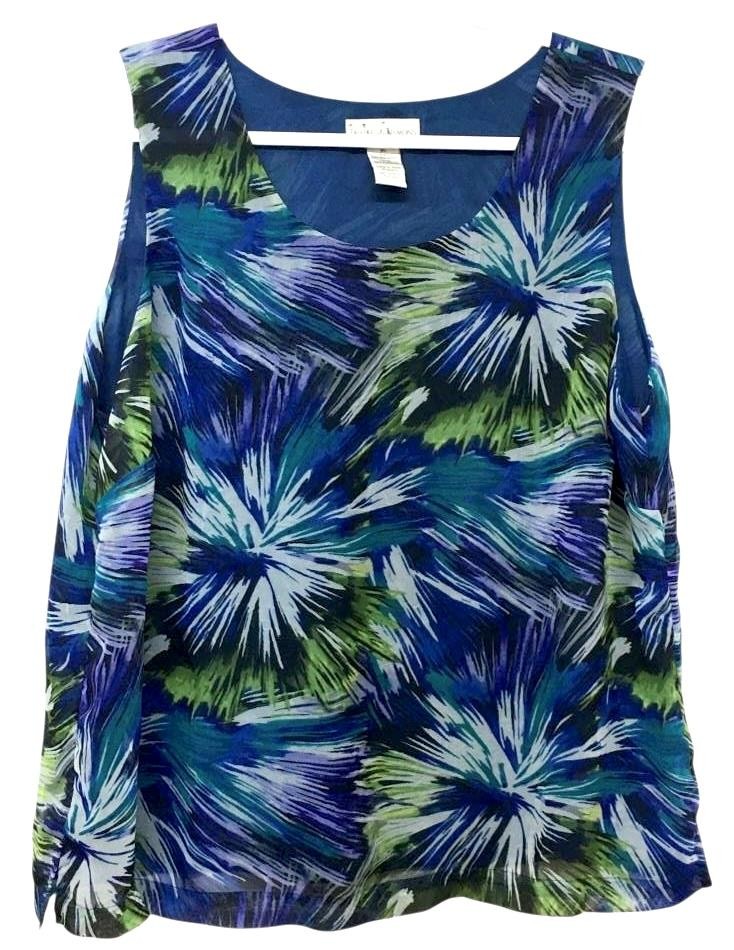 Draper’s & Damon’s XL top blue green abstract print sheer panel lined sleeveless