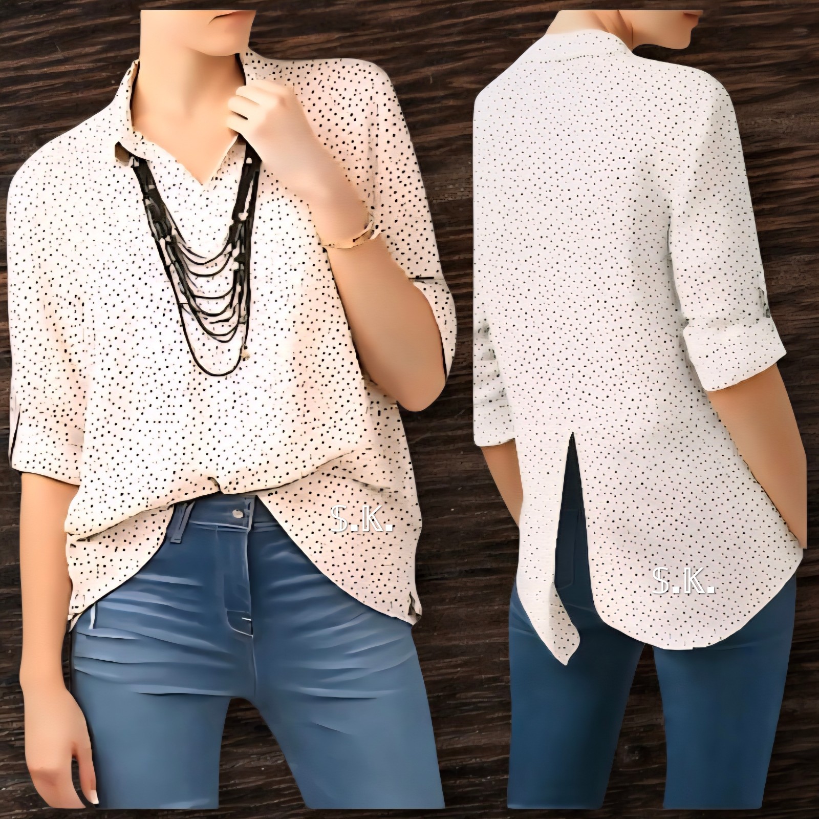 BEACH LUNCH LOUNGE Button Up Roll Tab Sleeve Split Back Shirt Polka Dot sz L/XL