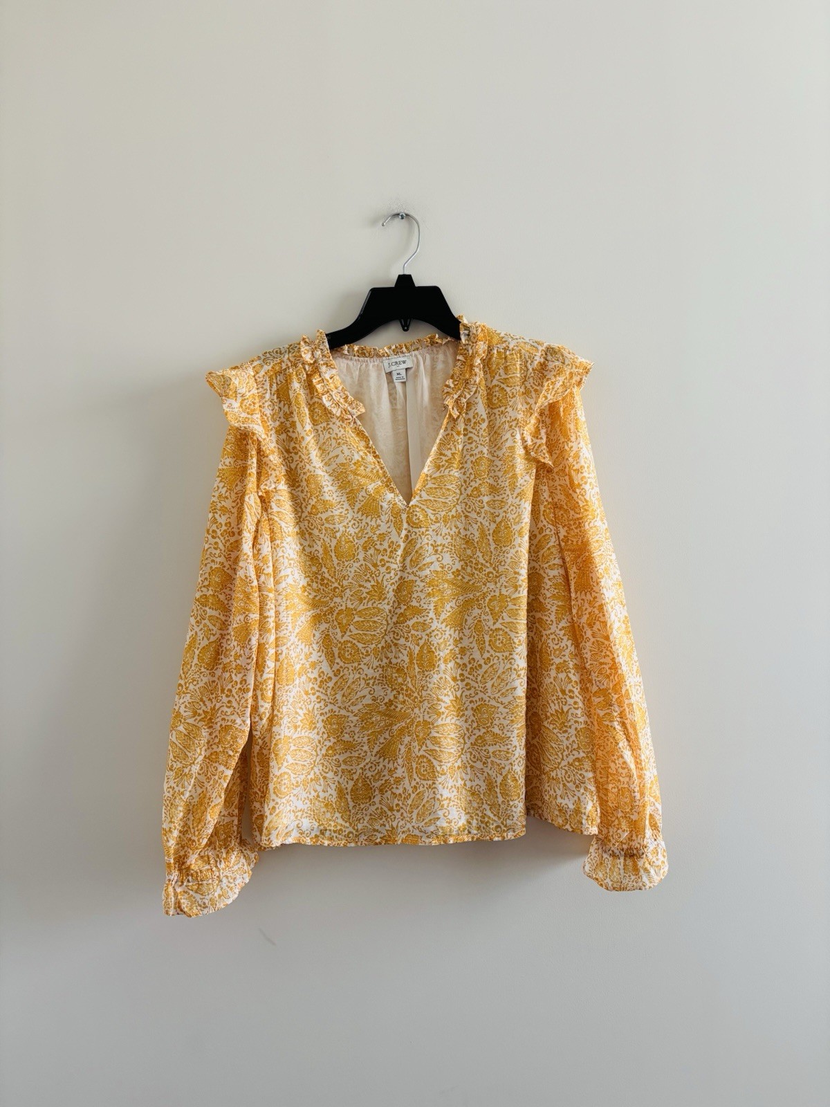 J.Crew Blouse Yellow Floral Popover Top Ruffle Lined Long Sleeve Women XL Boho