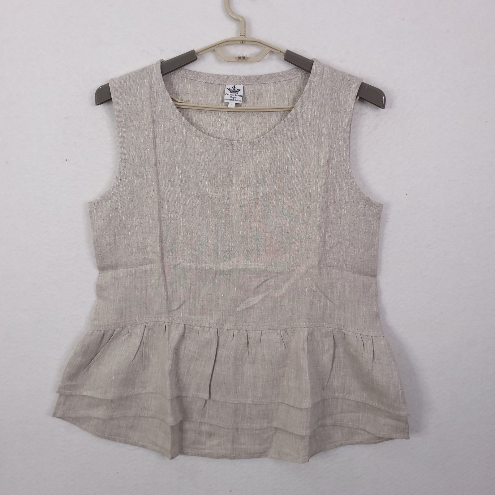 Crown Linen Designs Peplum Top Womens Small Beige Sleeveless Layered Hem Oatmeal