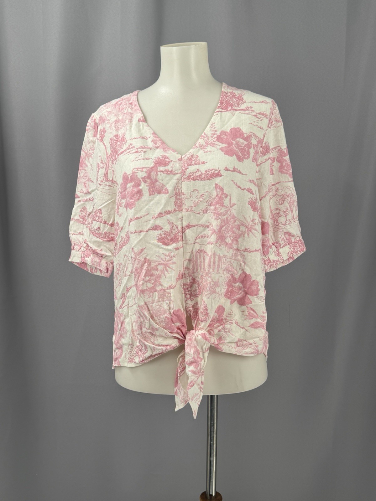 Luxury Linen Floral Tropical Top Medium Front Tie Short Sleeve Vacation Resort