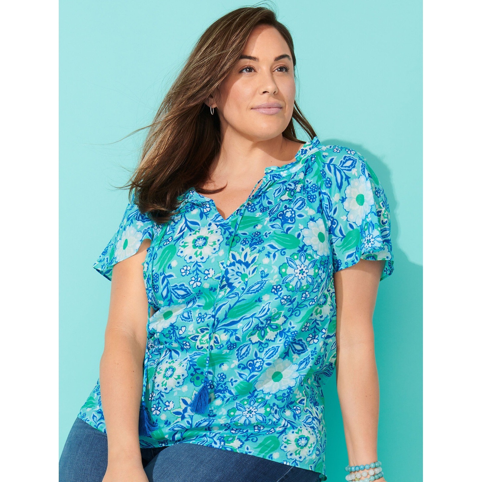 Talbots Ruffle Trim Shell Tropical Floral Blue Turquoise Tassel Tie Top Plus 1X