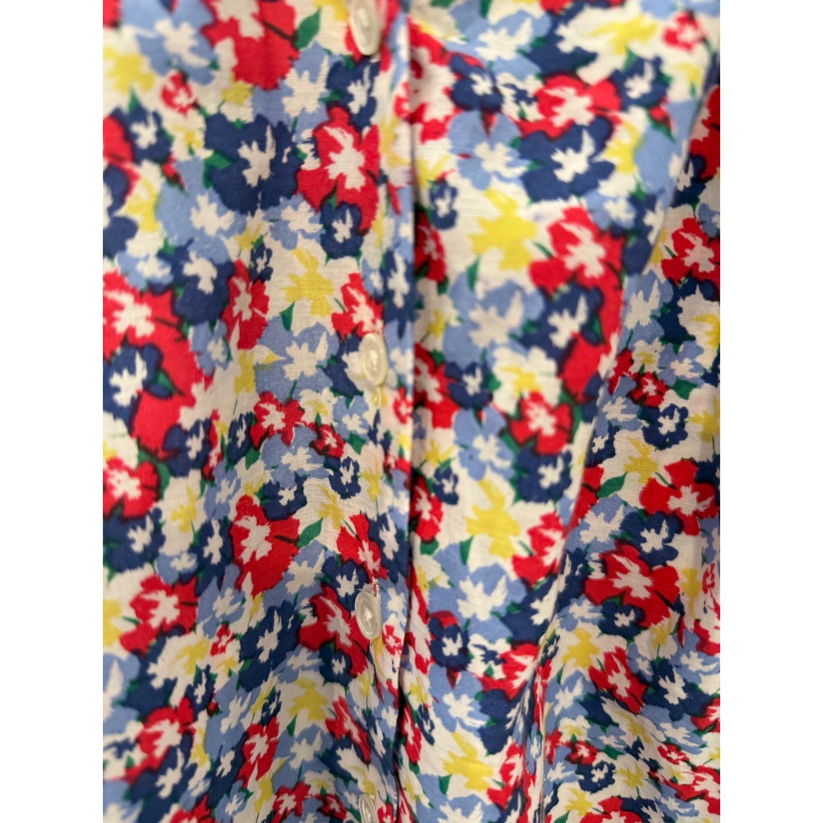 Creme Fraiche Silk Cotton Floral Smocked Blouse Red Blue Yellow Womens Medium