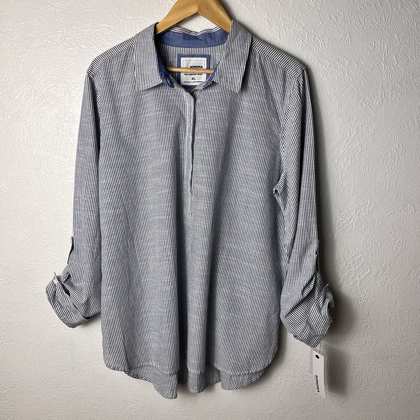 Sonoma The Everyday Shirt Popover Top Womens XL Striped Roll Tab Sleeves Cotton