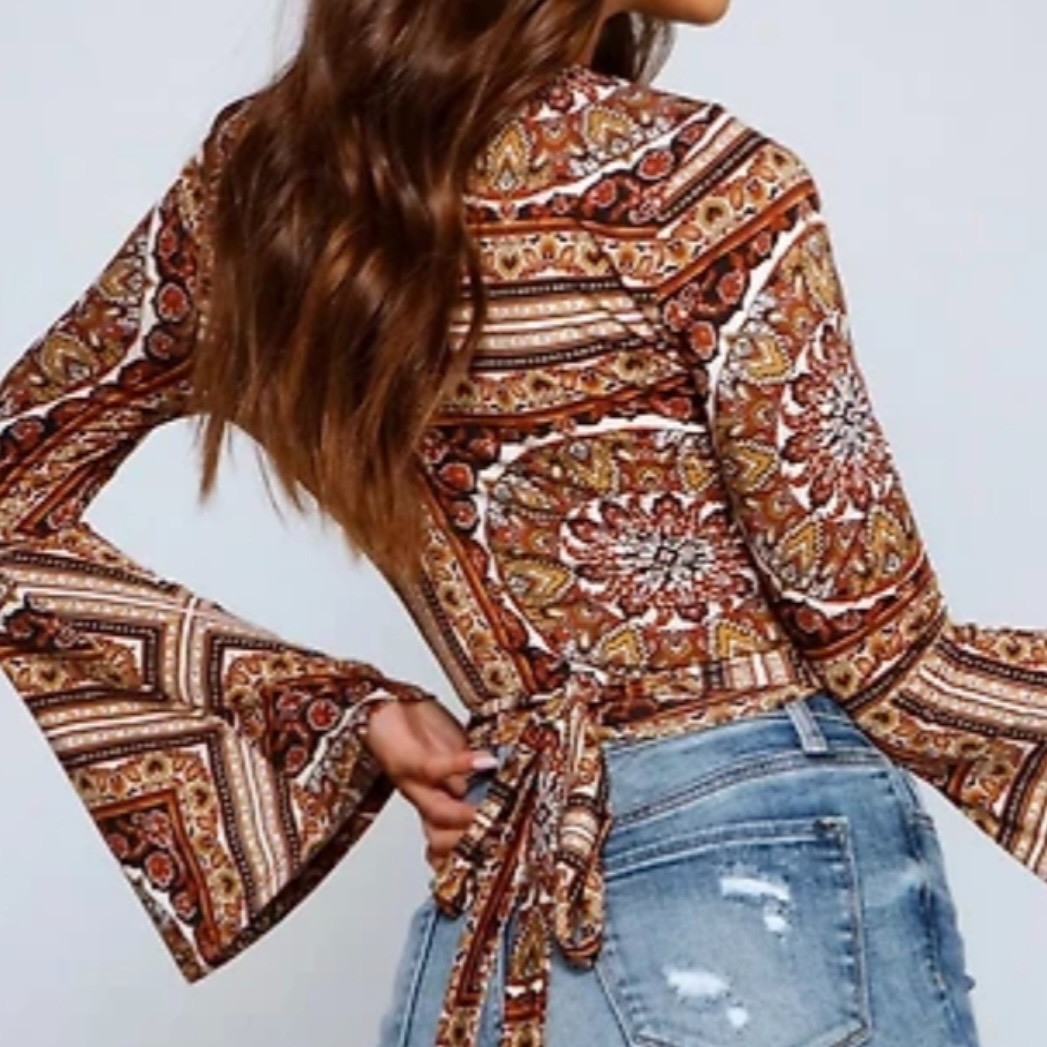 Boho Paisley Print Wrap Top With Bell Sleeves & Tie Back By Windsor S