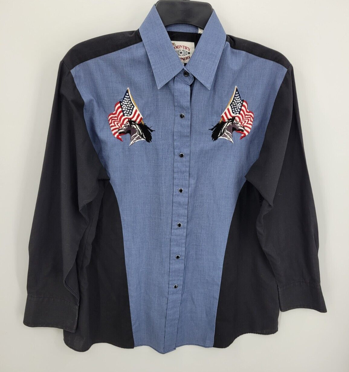 Ely Country Charmers Western Shirt Womens Medium Blue Embroidered Flag Vintage