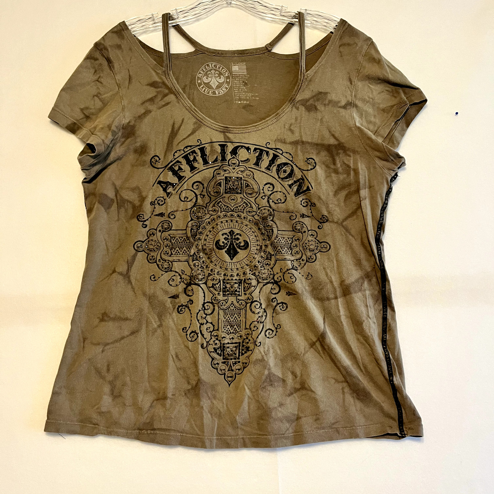 Affliction Womens Graphic V Neck Shirt Rhinestone Biker Grunge Goth Y2k XL