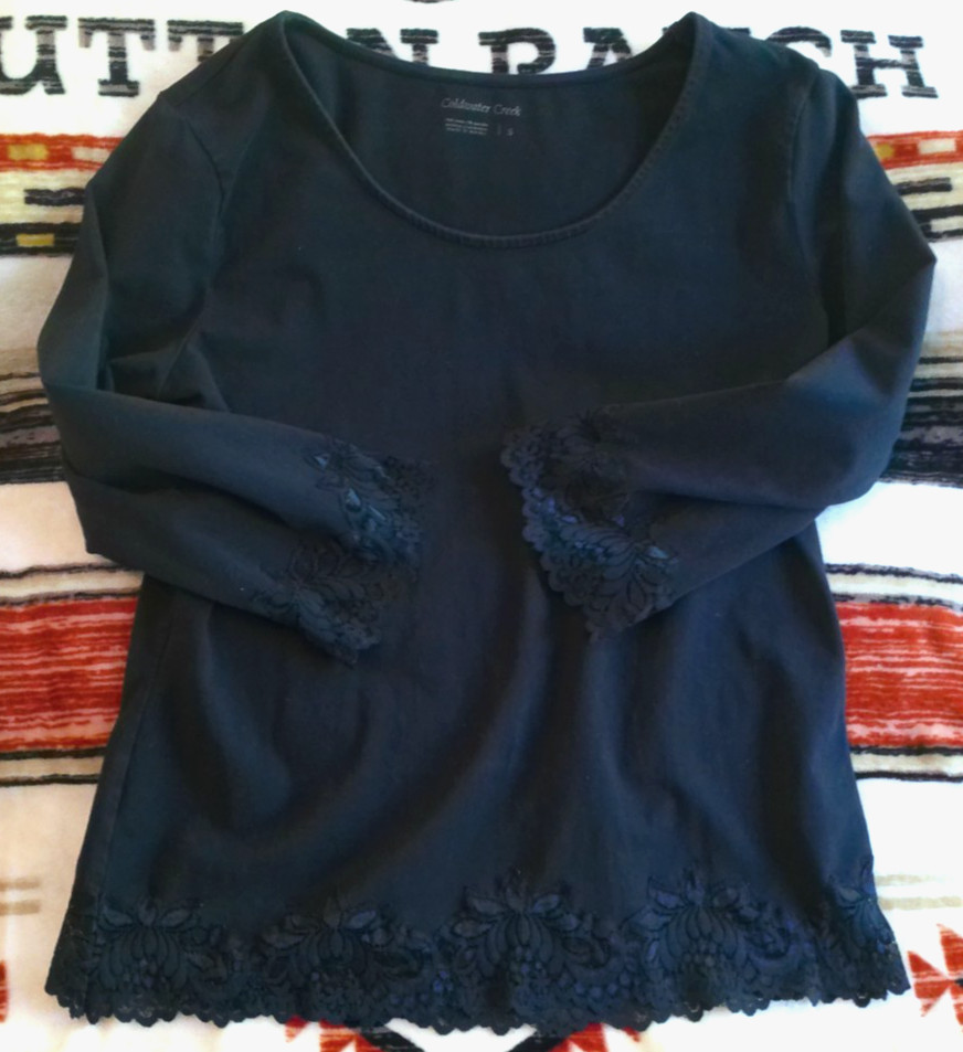COLDWATER CREEK VINTAGE SMALL PULLOVER BLACK LACE TRIM 3/4 SLV ROUND NECK MACAU