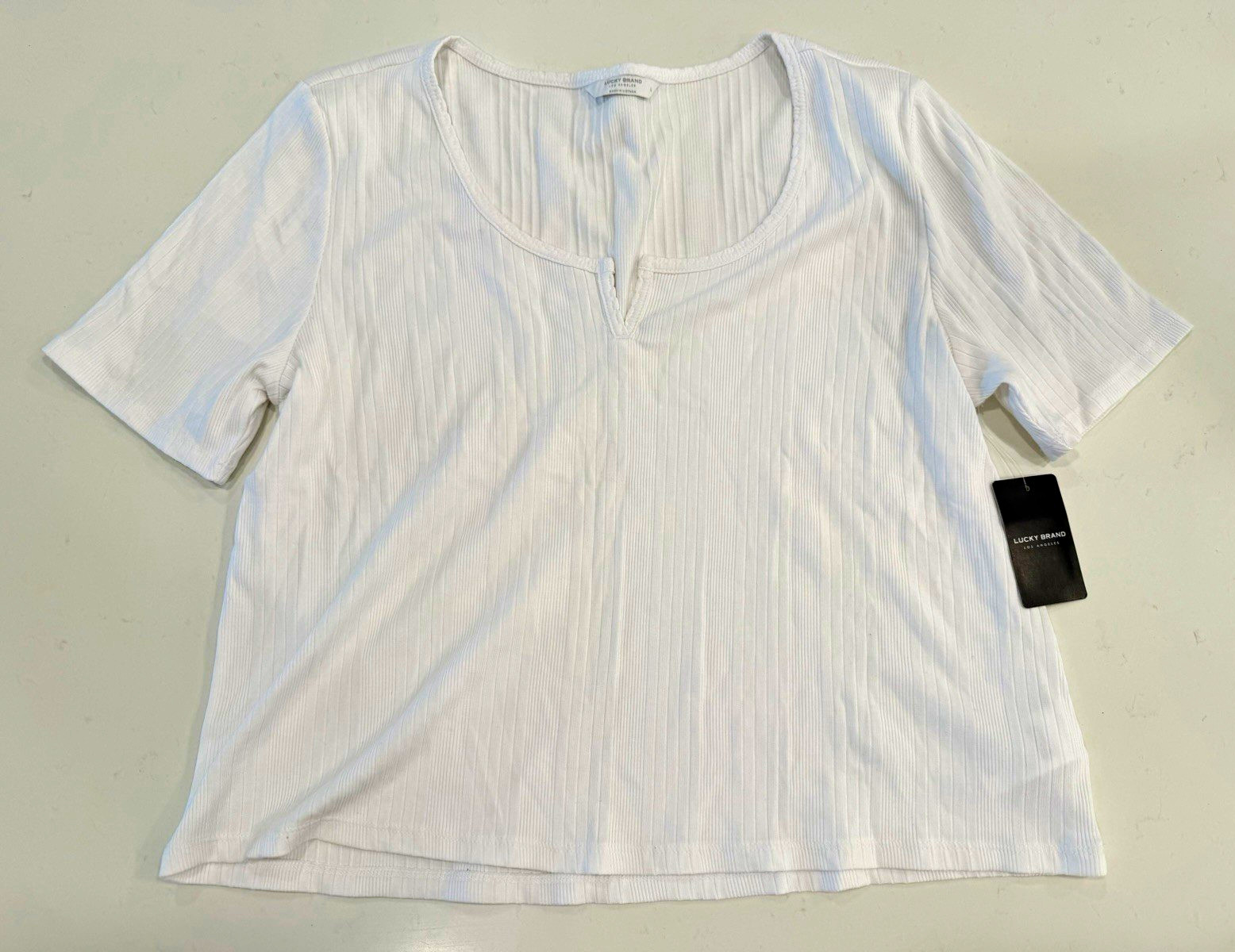 Lucky Brand Women’s White Cotton Ribbed Knit Scoop Neck Tee L Stretch