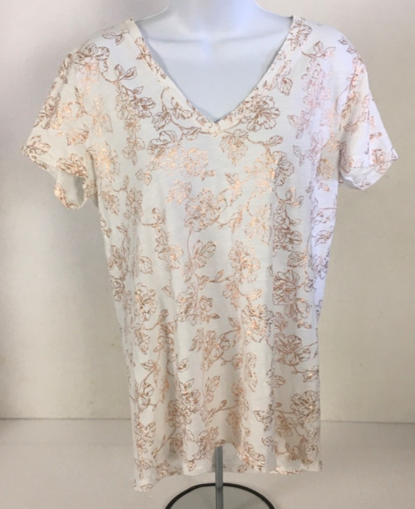 a n a A New Approach T shirt Size 2X White with Gold Flowers V neck Short Sleeve