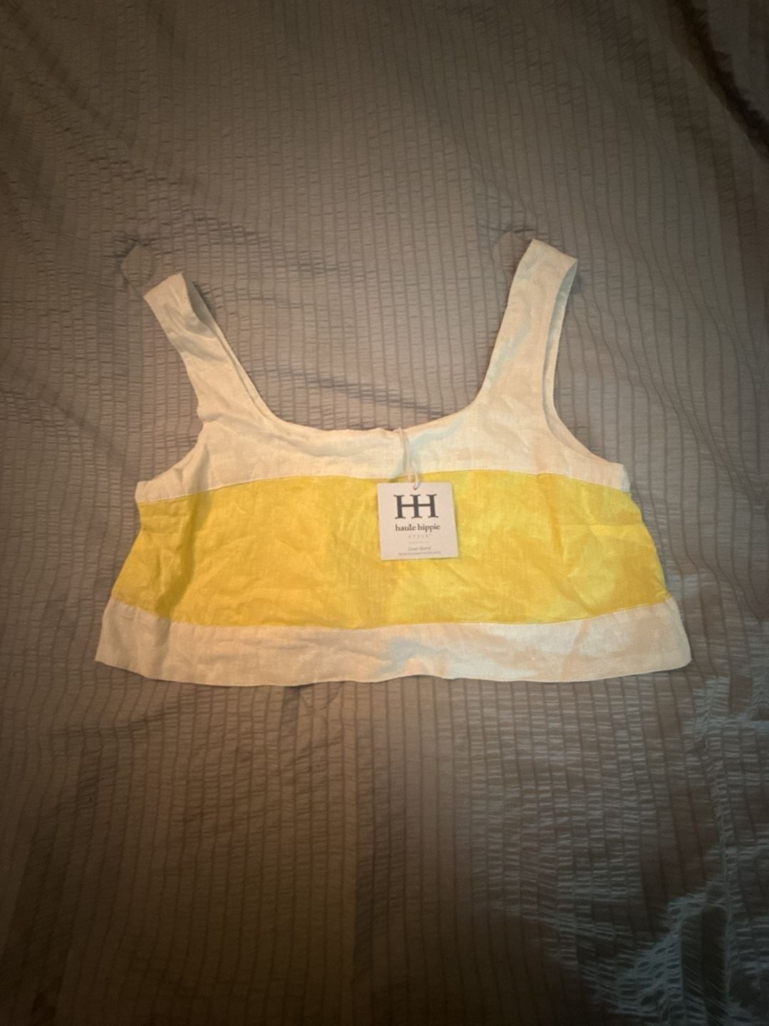 Haute Hippie Style Yellow and White Color Block Linen Blend Crop Top