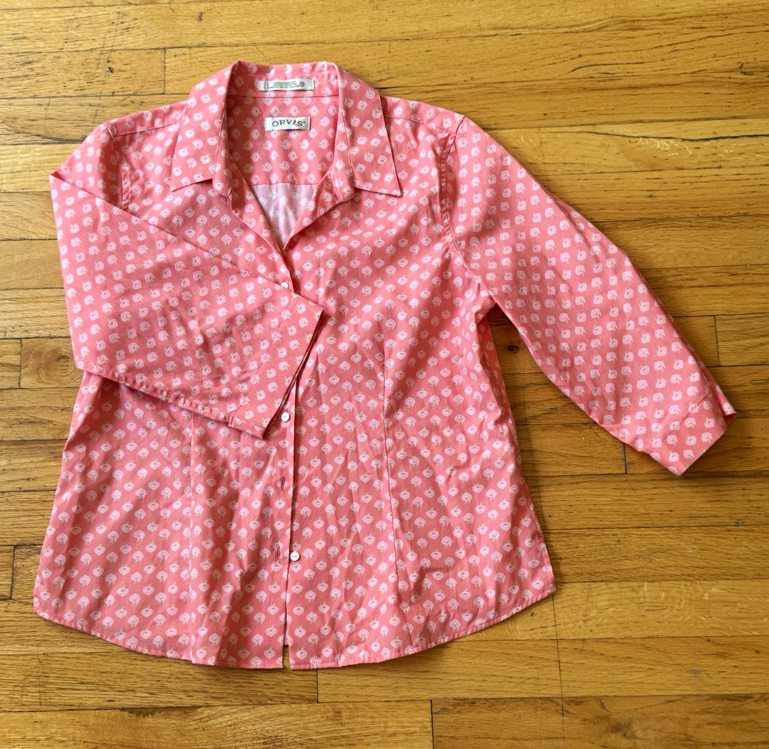 Orvis Women’s Pink/White Floral Woven Cotton Collared Button-Up 3/4 12
