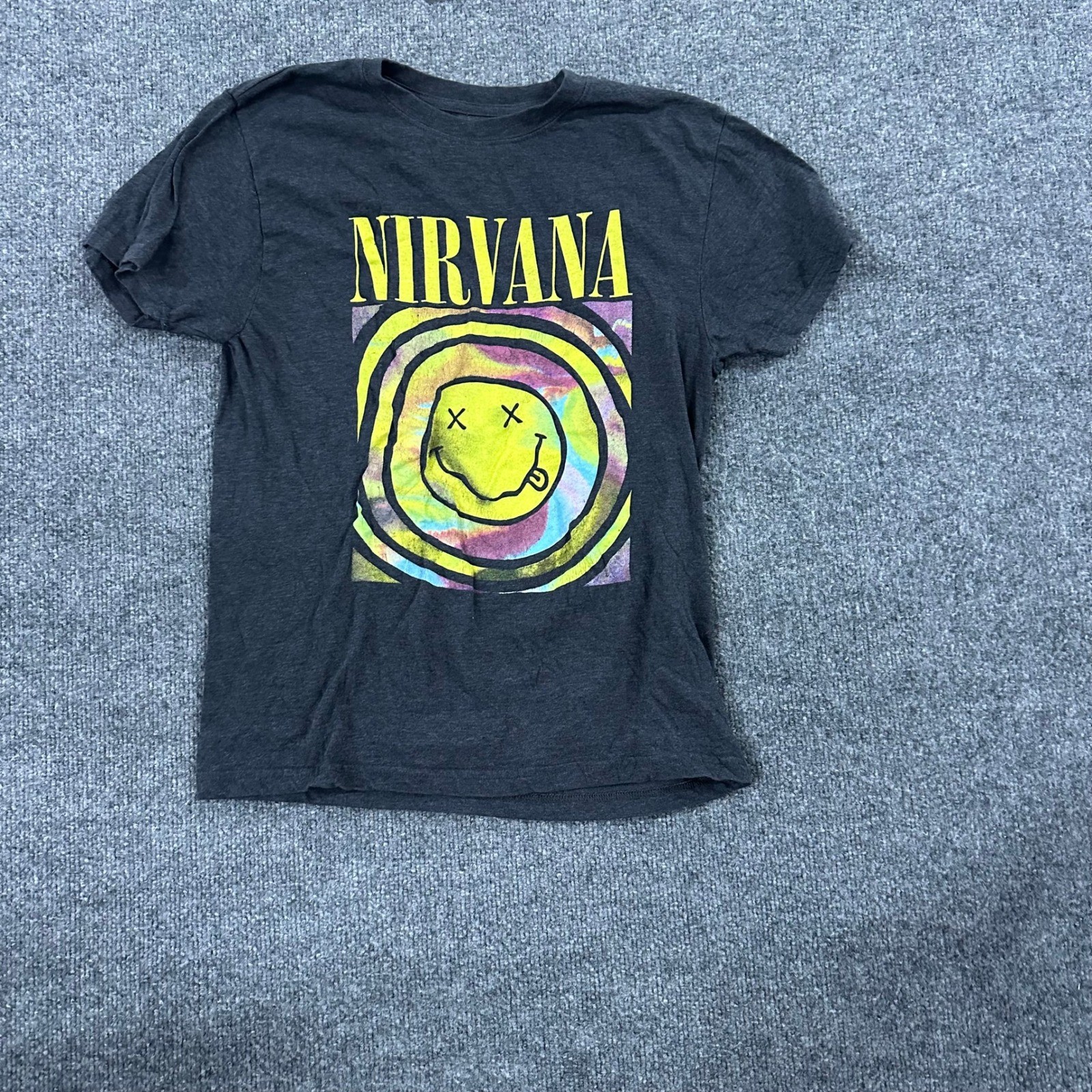 Nirvana T-Shirt Womens Size M Charcoal Gray Tie Dye Smiley Face Graphic Grunge
