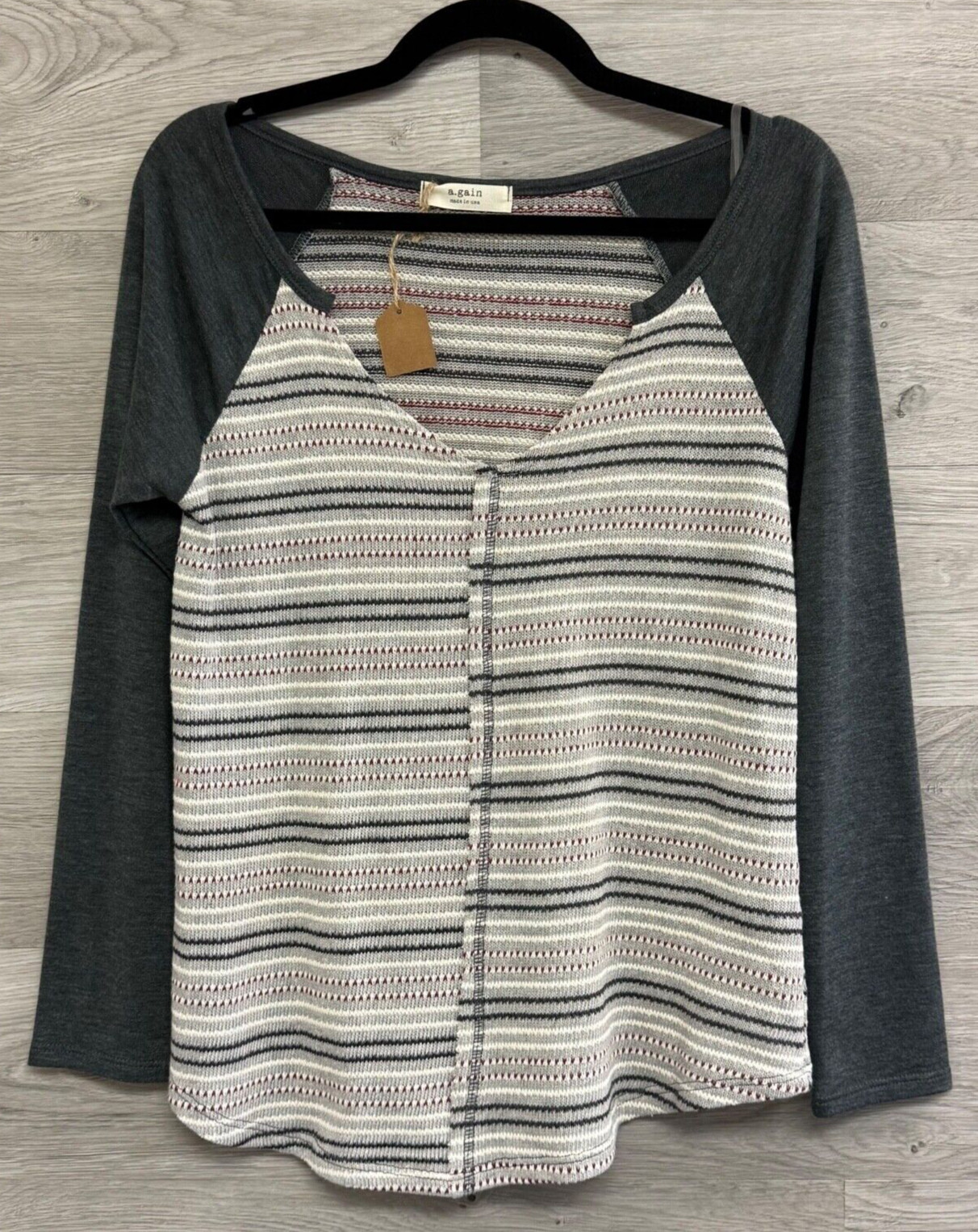 A.gain V-Neck Blouse Women’s Small Gray Maroon White Striped Long Sleeve Shirt