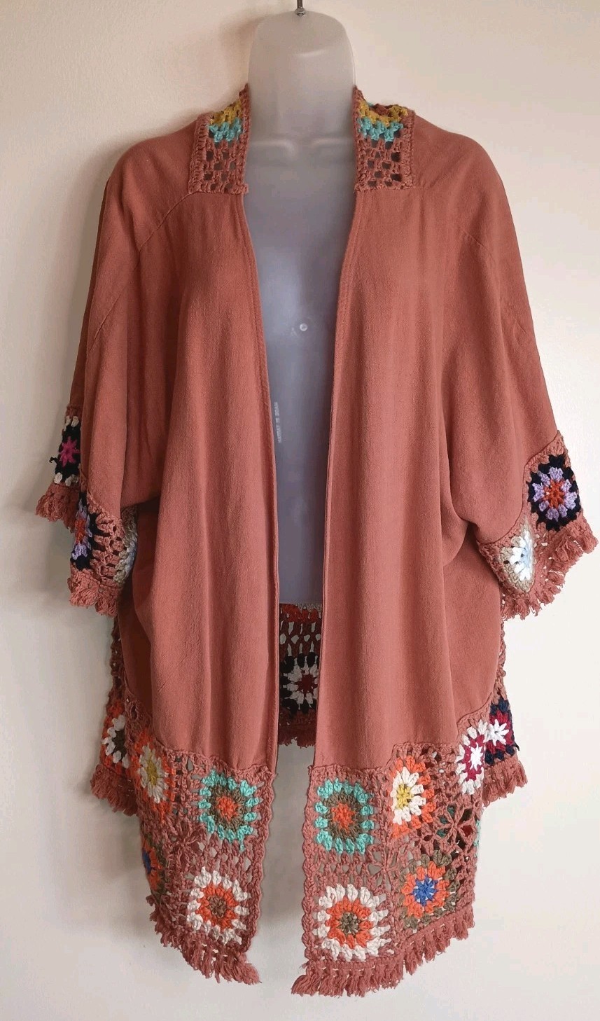 Umgee XL Rust Boho Kimono Cardigan Crochet Granny Square Open Front Linen Blend