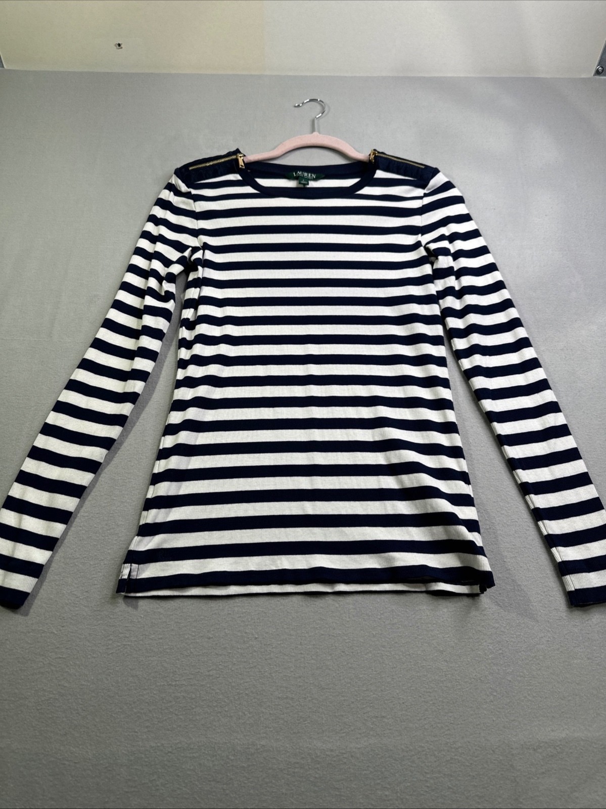 Lauren Ralph Lauren Striped Rib Knit Top Gold Zip Shoulders Navy White Women’s L